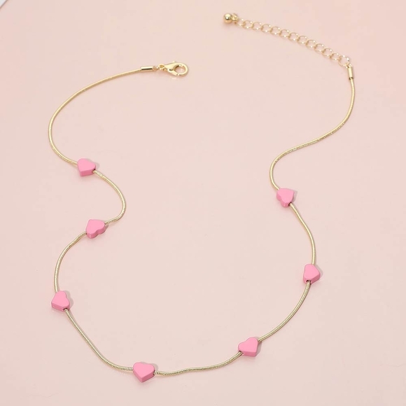 Pink Flat Heart Chain Pendant Necklace Charm Station Jewelry Gold - Picture 2 of 3